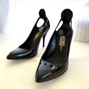 RARE Michel Vivien Paris Black Patent Leather Stiletto Heels Ankle Tab 36.5 6